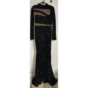 Faeriesty Formal Sequin Dress Small Black Nude Long Sleeve Train New Ball Gown